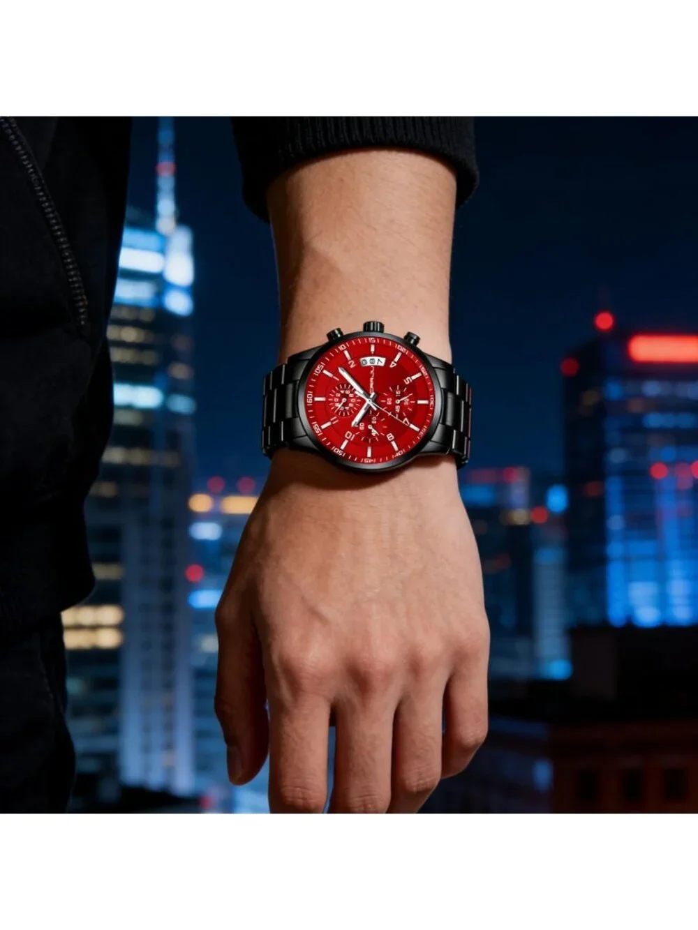 Men's Black Red Analog Quartz Stainless Steel Waterproof Chronograph Wrist Watch